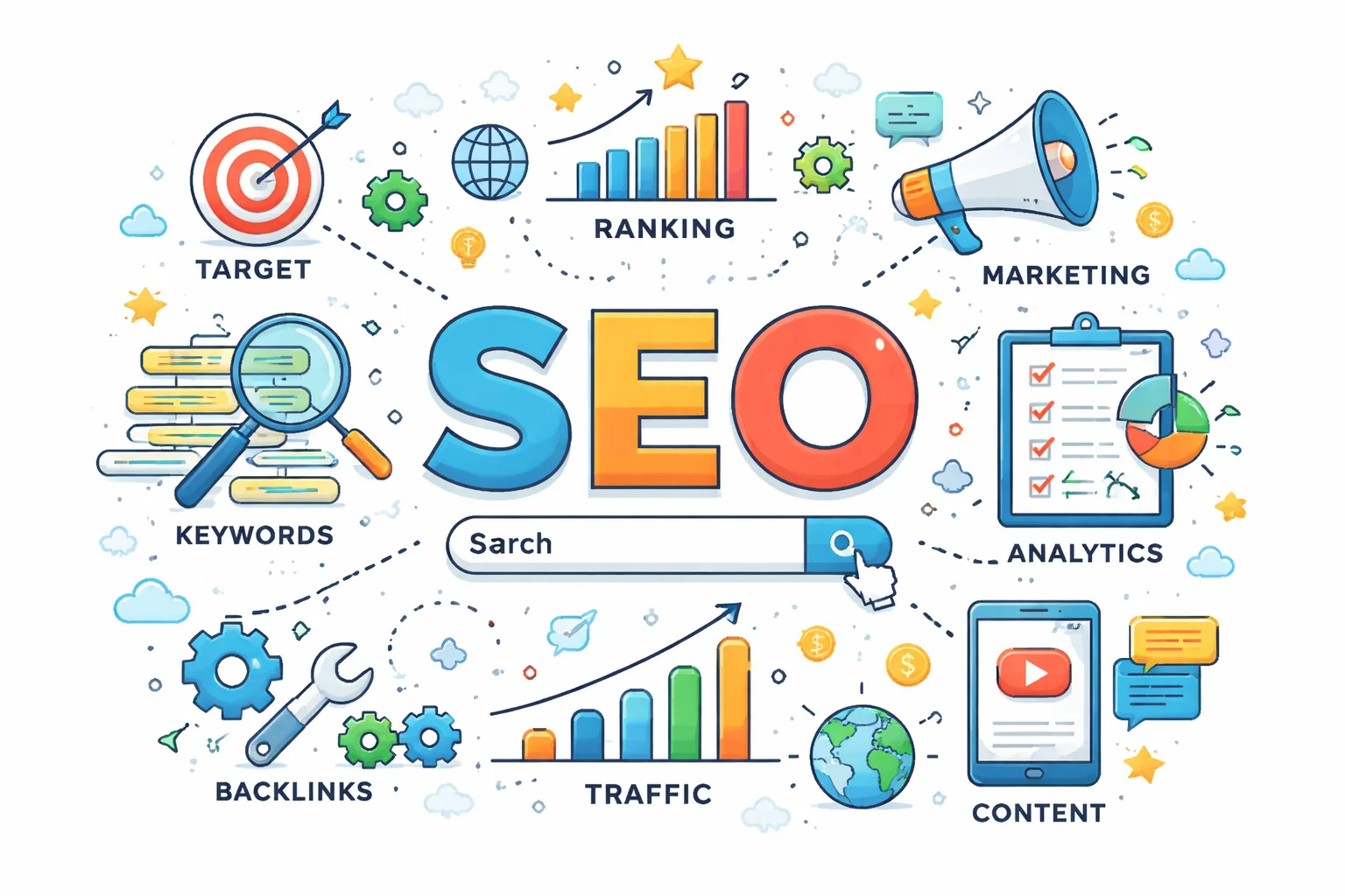 Search Engine Optimization SEO illustration with keywords, rankings, analytics, and traffic growth