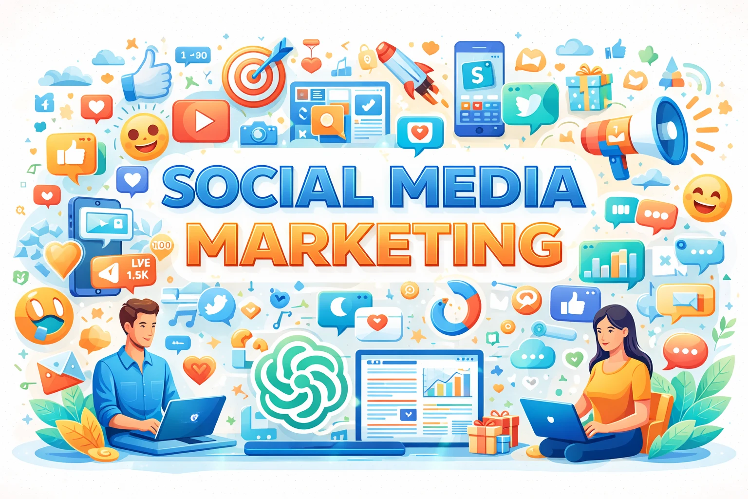 Social media marketing illustration with social platforms, engagement, and digital branding