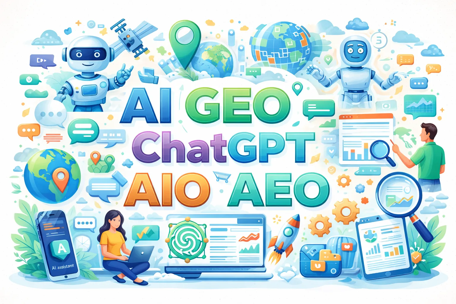 AI SEO and ChatGPT optimization illustration with AI-powered search and digital marketing