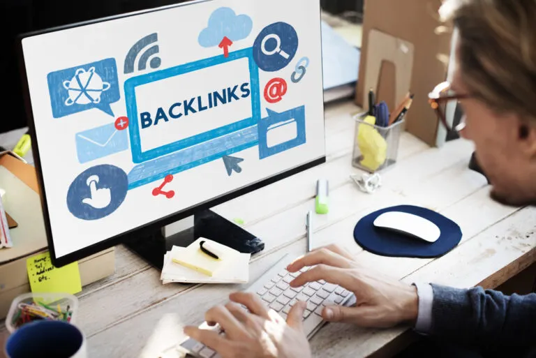 Backlinks and link building illustration showing website authority, SEO rankings, and quality link connections