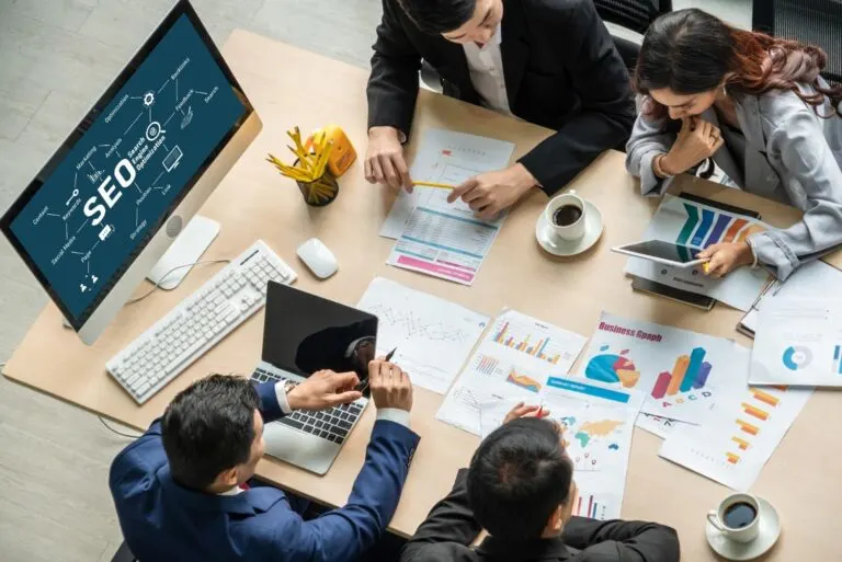SEO services illustration with search rankings, analytics, and website optimization tools