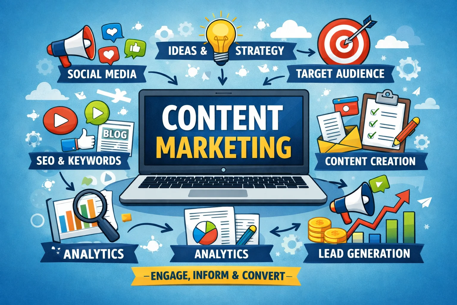 Content marketing strategy illustration showing analytics, lead generation, and content creation
