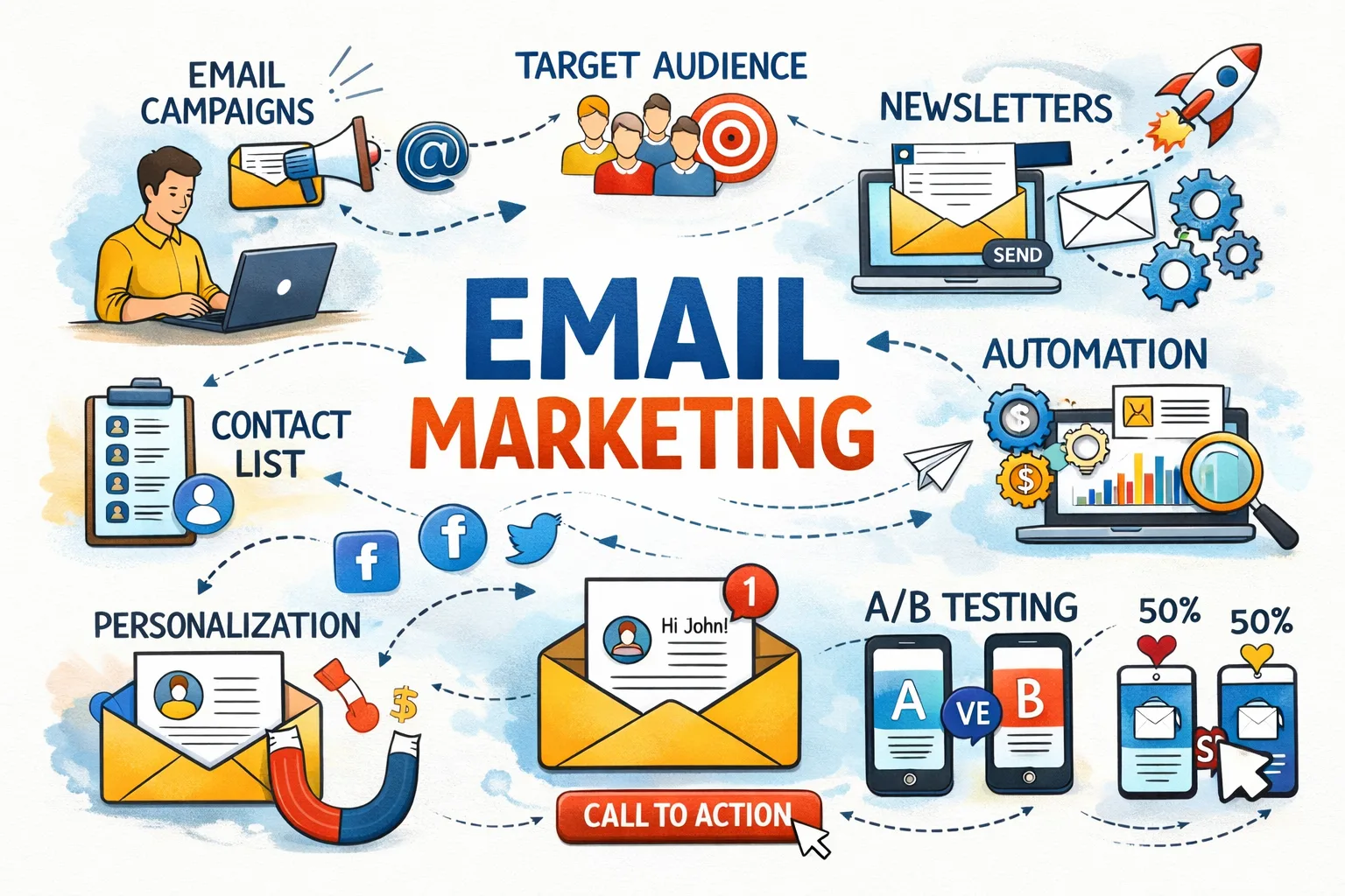 Email marketing campaign illustration showing newsletters, automation, and customer engagement