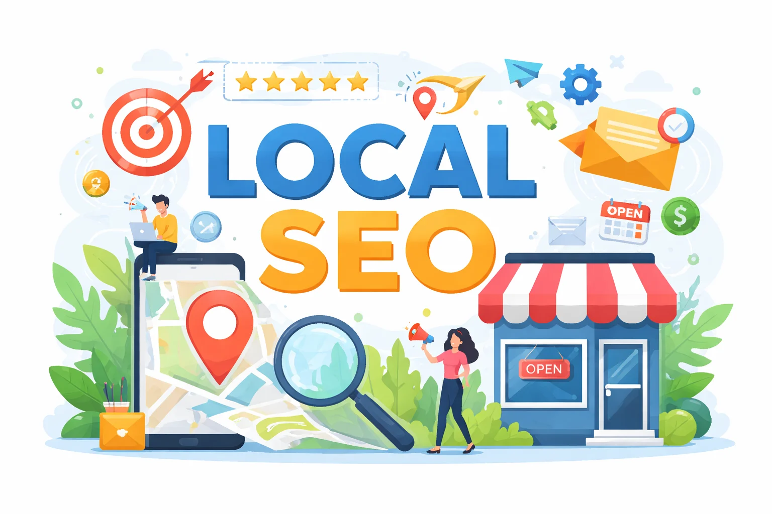 Local SEO illustration with map location pins and Google Business Profile optimization