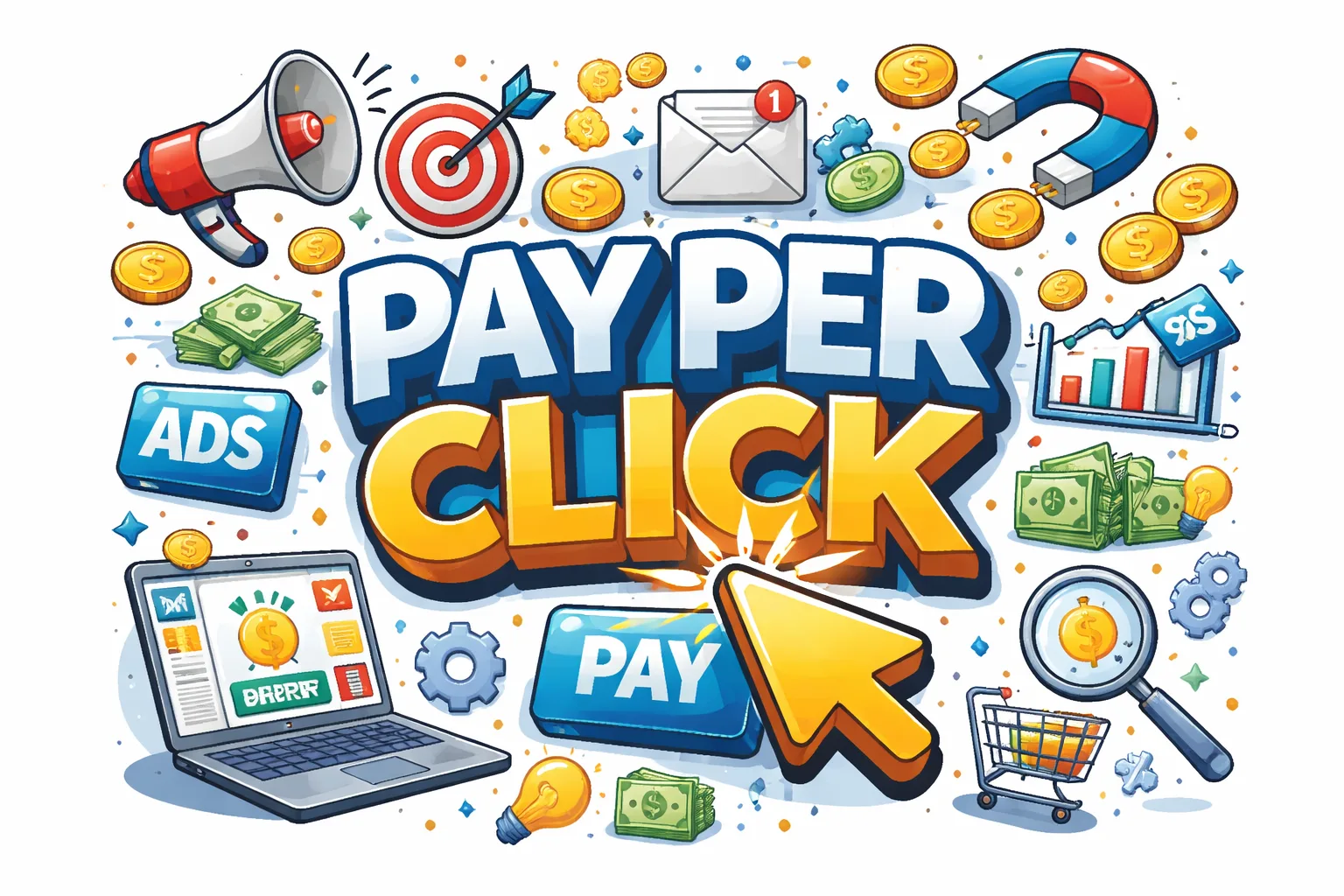 Pay Per Click PPC advertising illustration with digital ads and conversion metrics