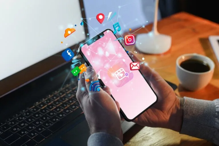 Social media marketing illustration with digital platforms, engagement icons, and branding