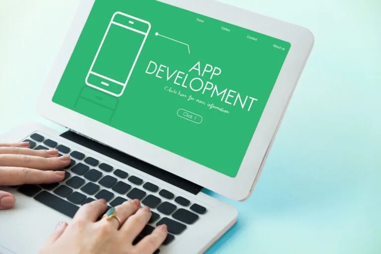 Mobile app development illustration showing smartphone application design and technology solutions
